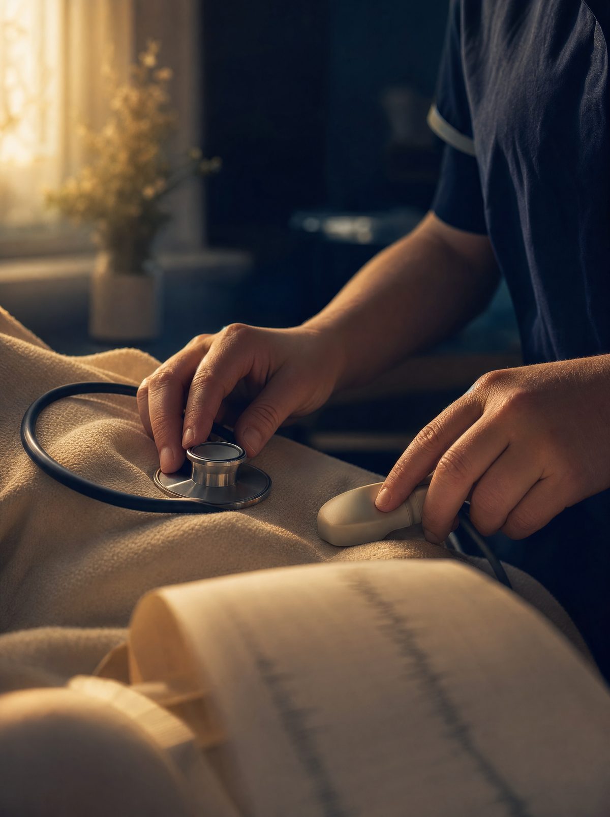 A midwife's hands resting a stethoscope and doppler probe on a warm blanket in a birthing suite at dawn