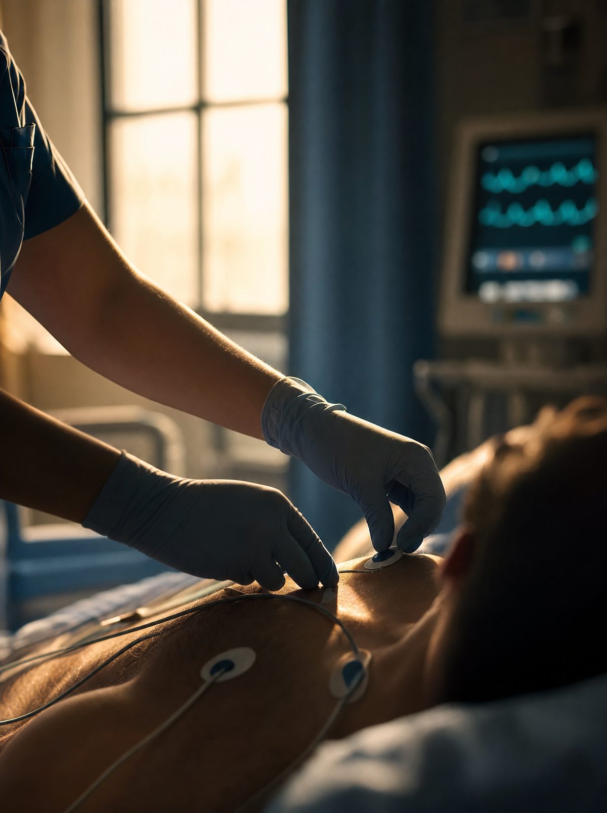 A nurse's gloved hands placing a 12-lead ECG electrode in a ward bay at late afternoon