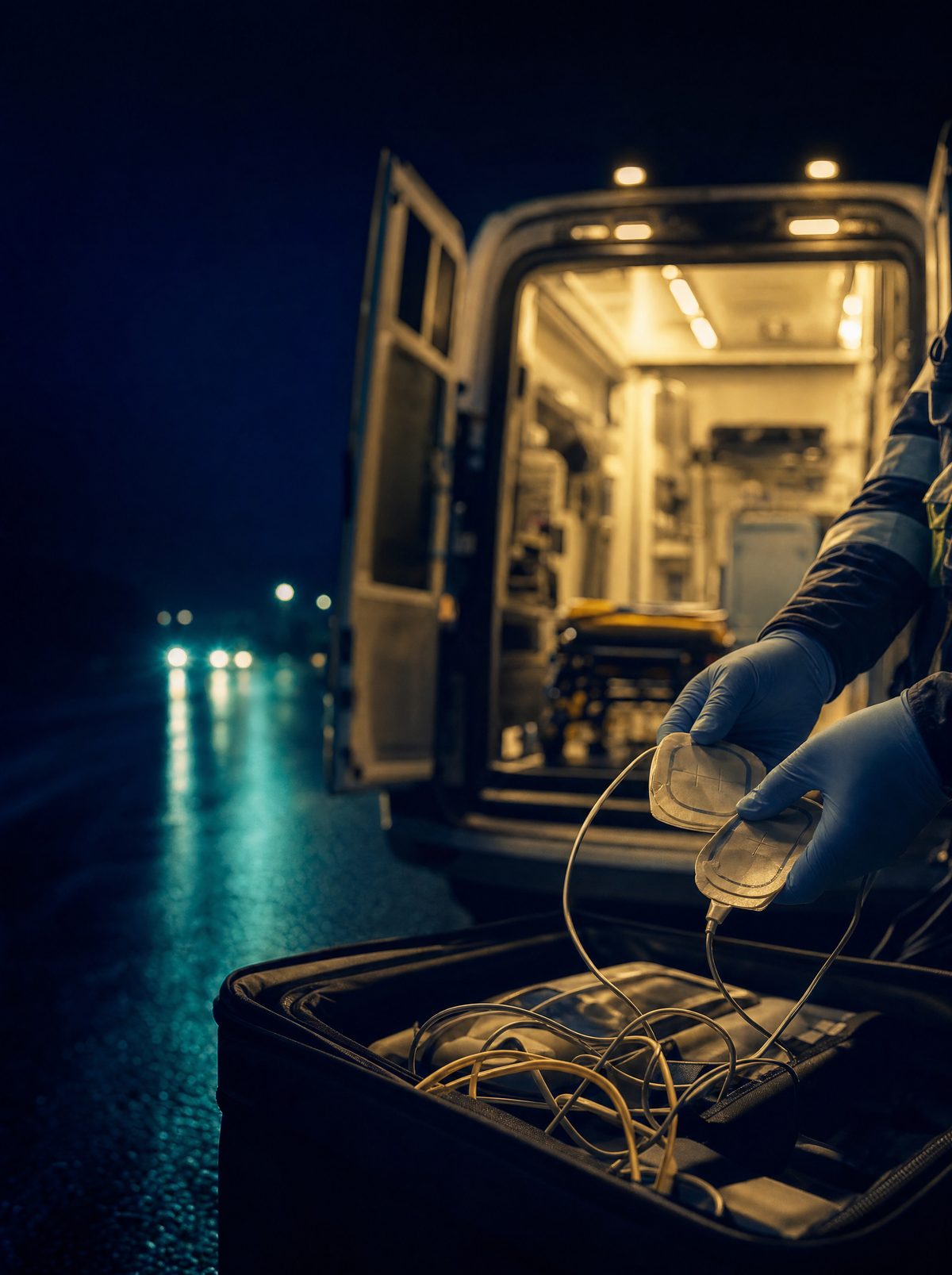 A paramedic's gloved hands holding defibrillator pads at the open rear of an ambulance at night